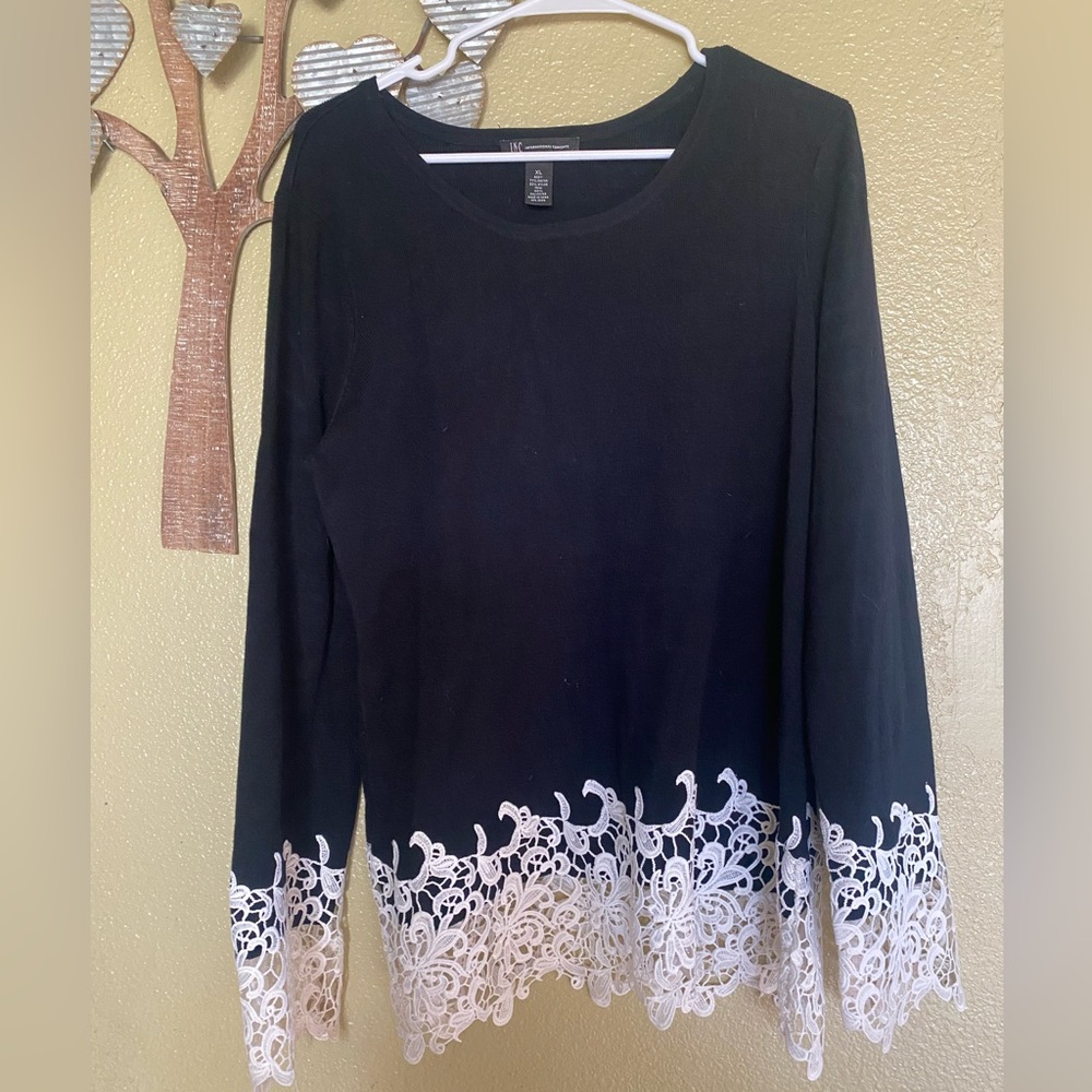 INC International Concepts Black Top with White Lace Hem